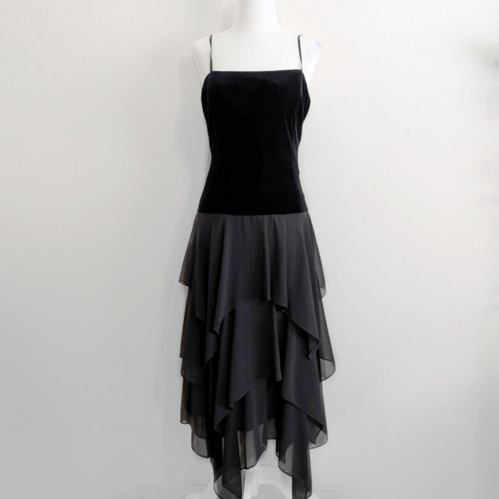 Vintage Eliza J Black Gothic Velvet Chiffon Ruffled Skirt Midi Dress | Size 8